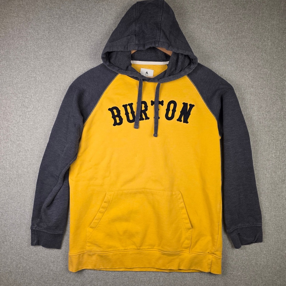 Burton Mens Raglan Hoodie Yellow Charcoal Grey Logo Pullover Sweatshirt